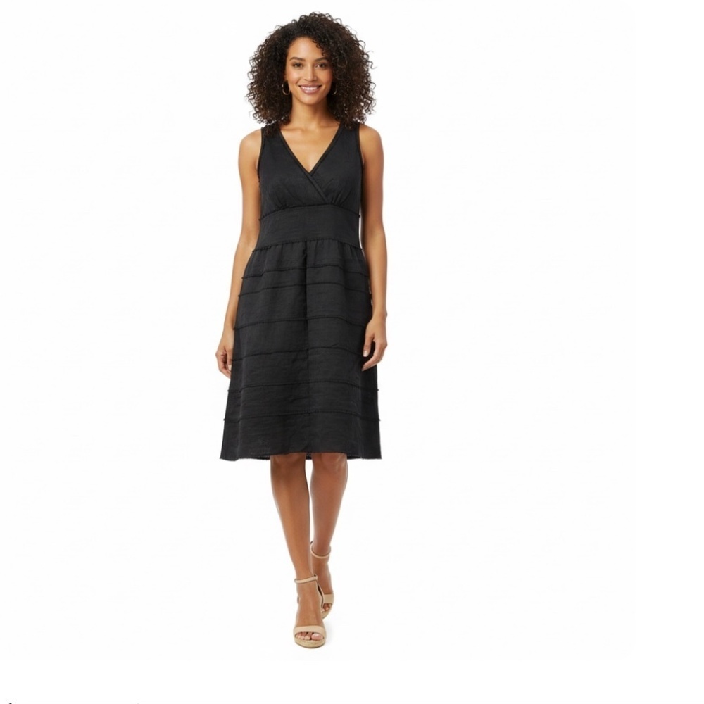 Talbots Linen Sheath V-Neck Dress Sz 14P Black Tiered Classic Old Money Chic NWT